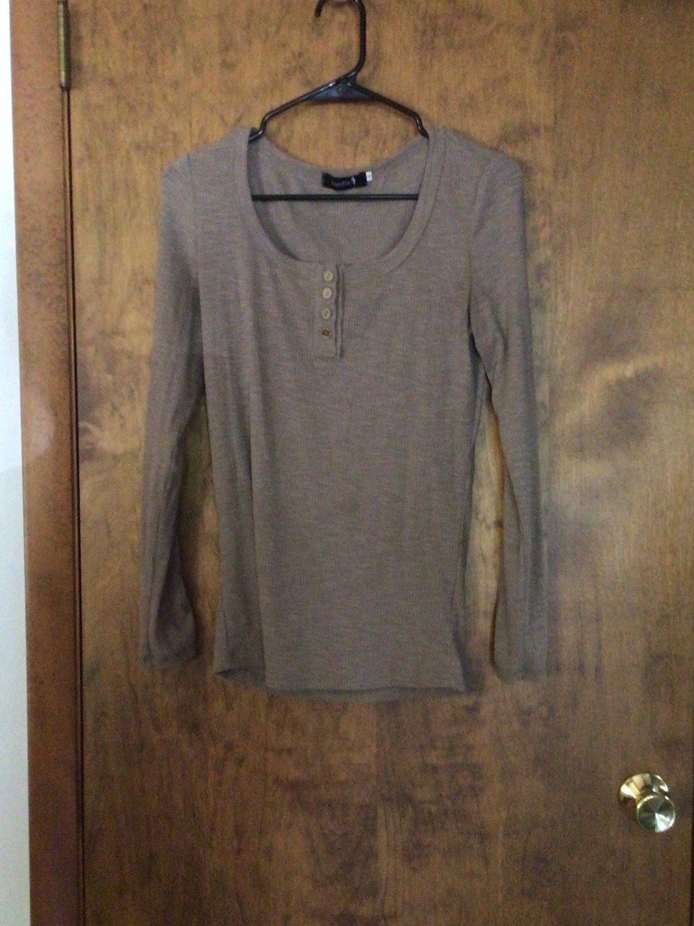 Ribbed Long-Sleeve Henley Top in Taupe